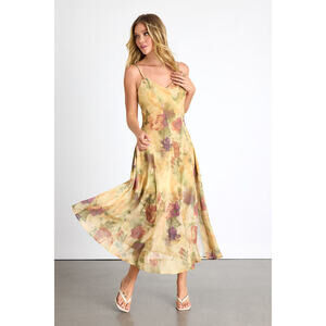 Chembery Euroa Yellow Abstract Floral Seamed Sleeveless Midi Dress - Size S
